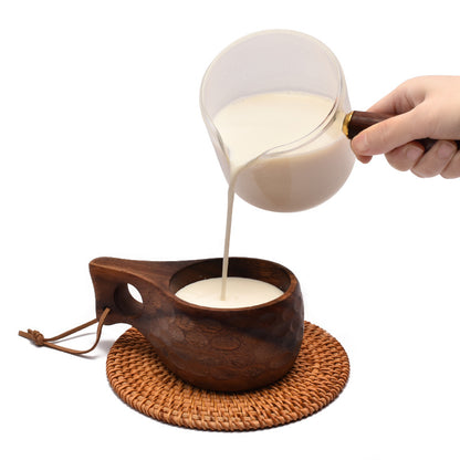 Handmade acacia wood coffee mugs with rope handle, perfect for camping and kitchen use.