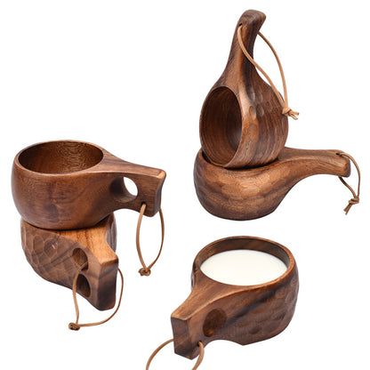 Handmade acacia wood coffee mugs with rope handle, perfect for camping and kitchen use.