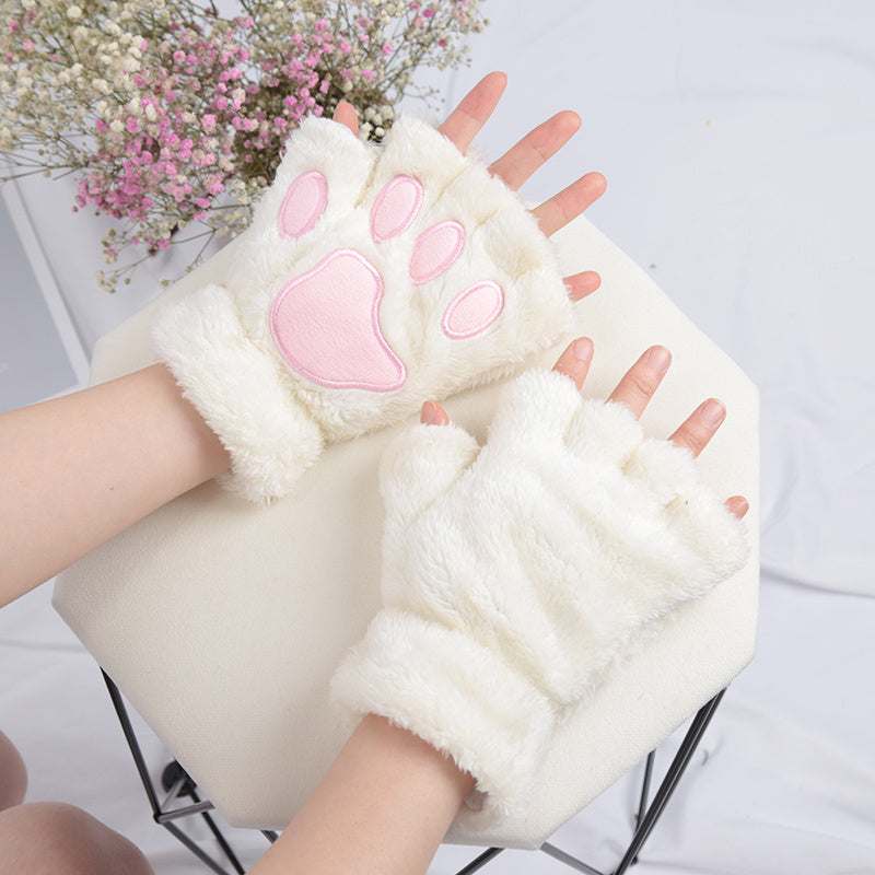 Warm, cute and cozy Kawaii Cat Paw Plush Gloves for women, perfect for keeping your hands warm in Autumn and Winter. Made of thickened, soft fleece material with half fingers design to keep you comfortable and coldproof.