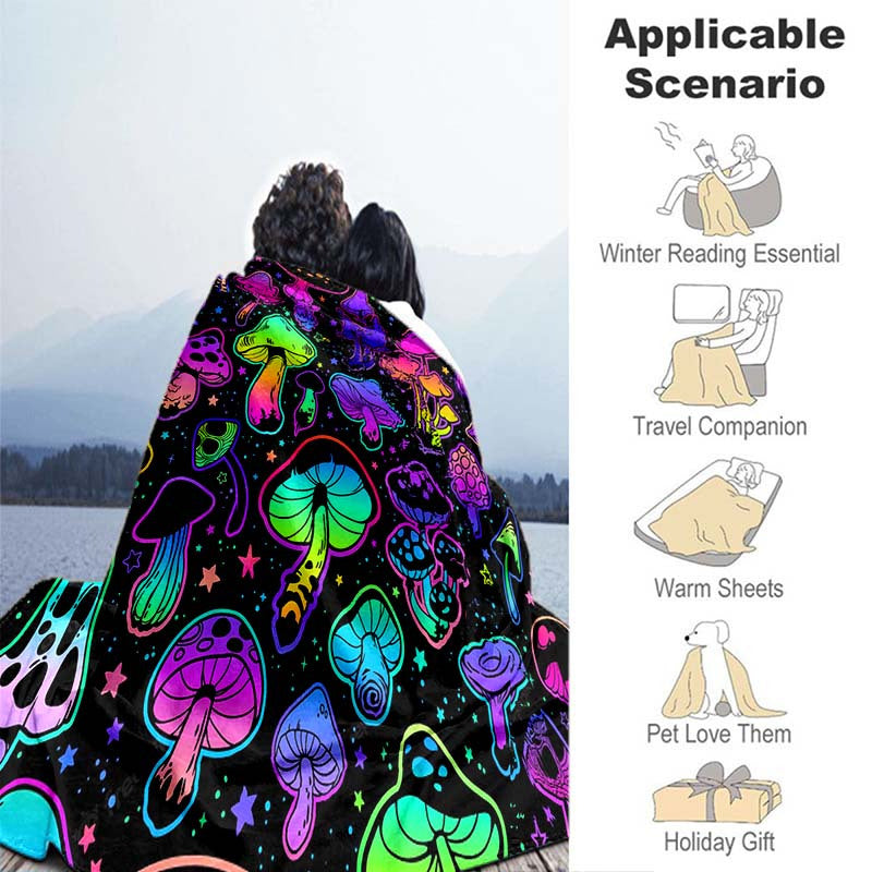 Stay cozy and warm with our 1-piece warm and soft mushroom blanket. This lightweight flannel throw is perfect for use on your sofa, bed, during travel, camping, in the living room, office, or on a couch or chair. Made with digital printing fleece and