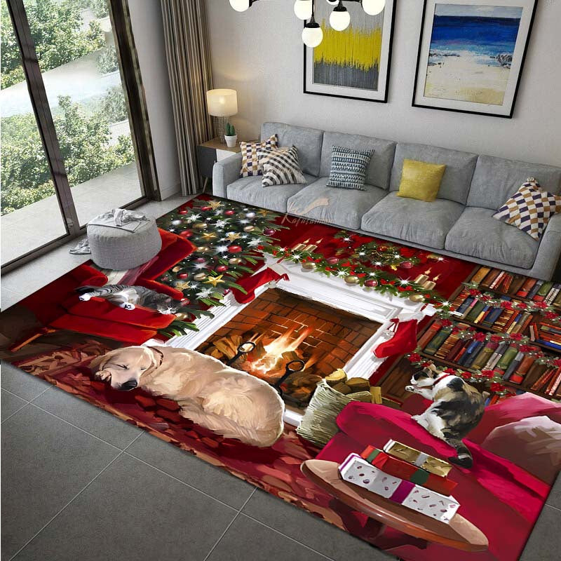 Christmas themed rug featuring a cute dog print, suitable for decorating living rooms, kitchens, and outdoor spaces. This machine washable carpet is perfect for adding a touch of holiday charm to your home decor during the winter season.