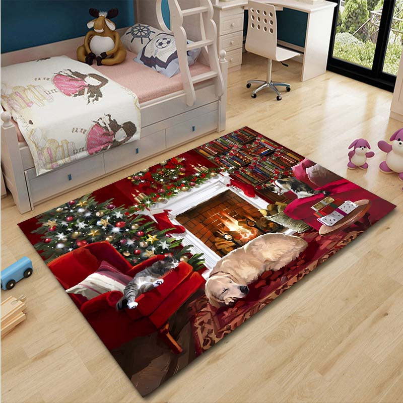 Christmas themed rug featuring a cute dog print, suitable for decorating living rooms, kitchens, and outdoor spaces. This machine washable carpet is perfect for adding a touch of holiday charm to your home decor during the winter season.