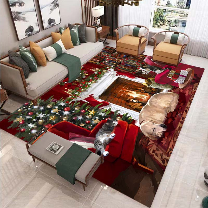 Christmas themed rug featuring a cute dog print, suitable for decorating living rooms, kitchens, and outdoor spaces. This machine washable carpet is perfect for adding a touch of holiday charm to your home decor during the winter season.