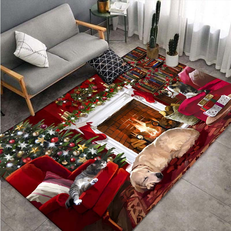 Christmas themed rug featuring a cute dog print, suitable for decorating living rooms, kitchens, and outdoor spaces. This machine washable carpet is perfect for adding a touch of holiday charm to your home decor during the winter season.