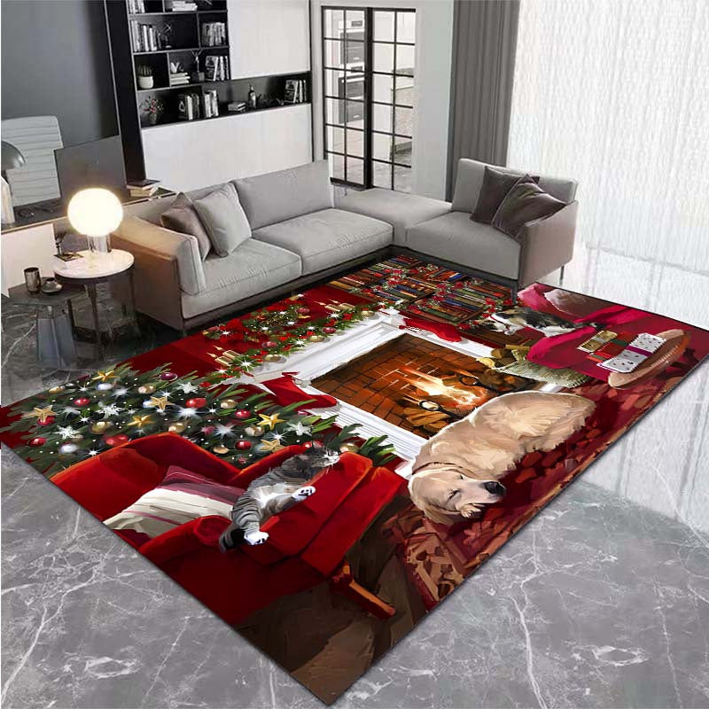 Christmas themed rug featuring a cute dog print, suitable for decorating living rooms, kitchens, and outdoor spaces. This machine washable carpet is perfect for adding a touch of holiday charm to your home decor during the winter season.