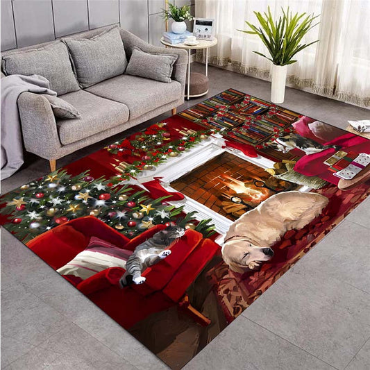 Christmas themed rug featuring a cute dog print, suitable for decorating living rooms, kitchens, and outdoor spaces. This machine washable carpet is perfect for adding a touch of holiday charm to your home decor during the winter season.