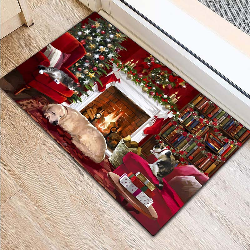 Christmas themed rug featuring a cute dog print, suitable for decorating living rooms, kitchens, and outdoor spaces. This machine washable carpet is perfect for adding a touch of holiday charm to your home decor during the winter season.