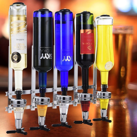 Wall-mounted liquor dispenser by YIMUWN - holds 4 bottles for your bar or kitchen. Featuring a sleek chrome finish and made with aluminum alloy and ABS, perfect for dispensing whiskey, wine, and other beverages.