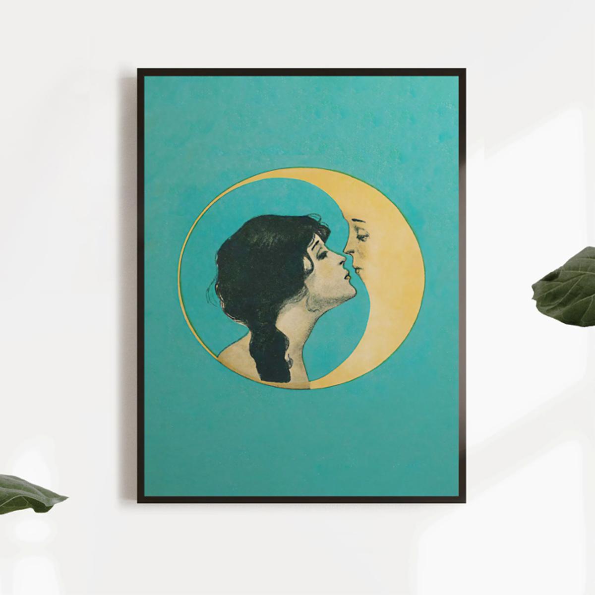 Vintage Moon Kiss Canvas Art Print with Art Nouveau style, teal background, and black-and-white illustration. Ideal for living room, bedroom, or home office. Vintage moon print with modern aesthetic, perfect for moon decor.