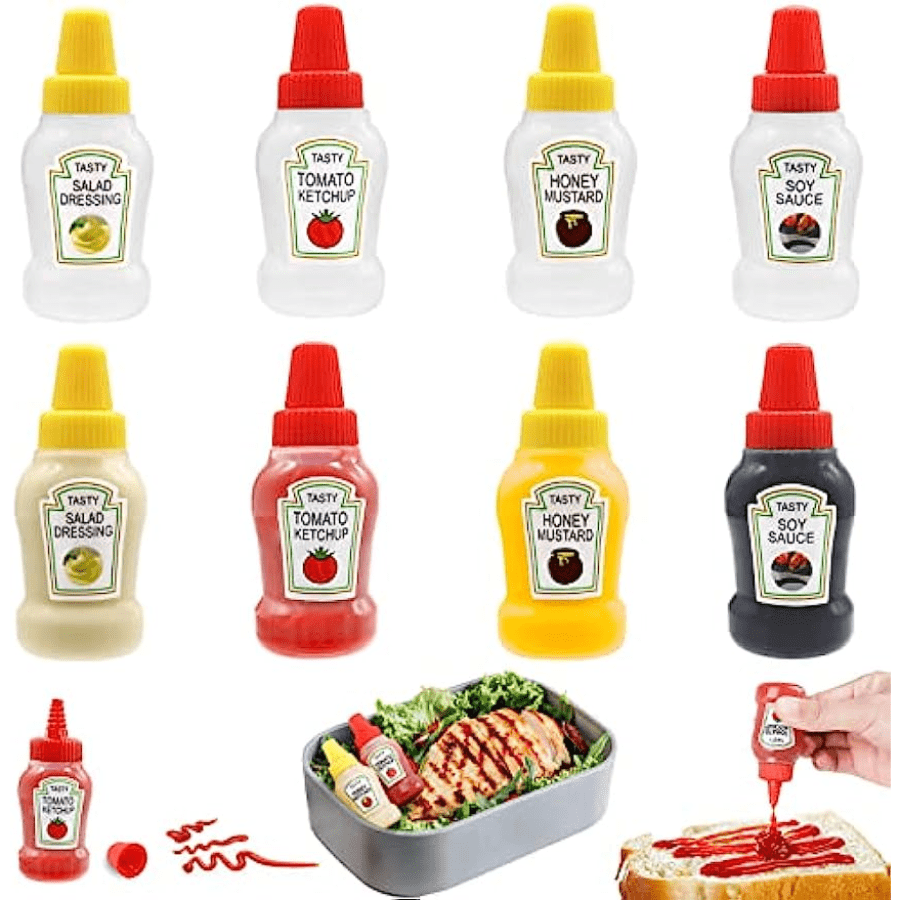 4 ta mini ketchup shishasi, har biri 25ml, harakatda foydalanish uchun ziravorlar. BPA dan xoli, ko'chma va qayta ishlatiladigan.