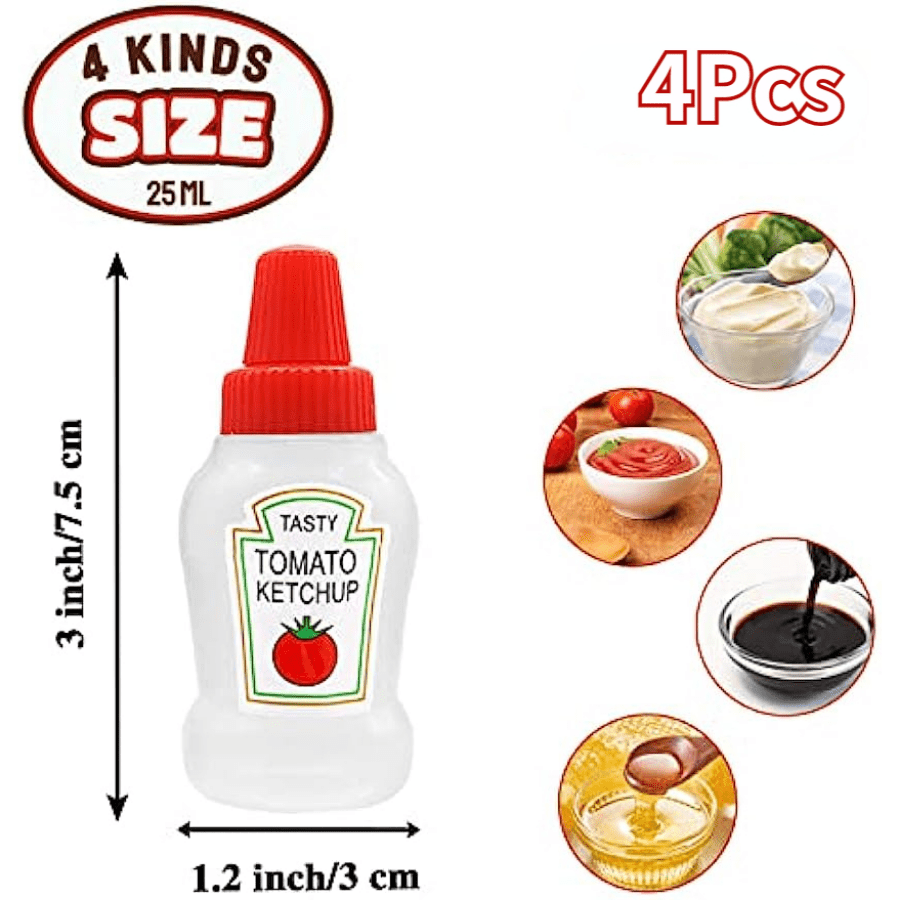 4 ta mini ketchup shishasi, har biri 25ml, harakatda foydalanish uchun ziravorlar. BPA dan xoli, ko'chma va qayta ishlatiladigan.