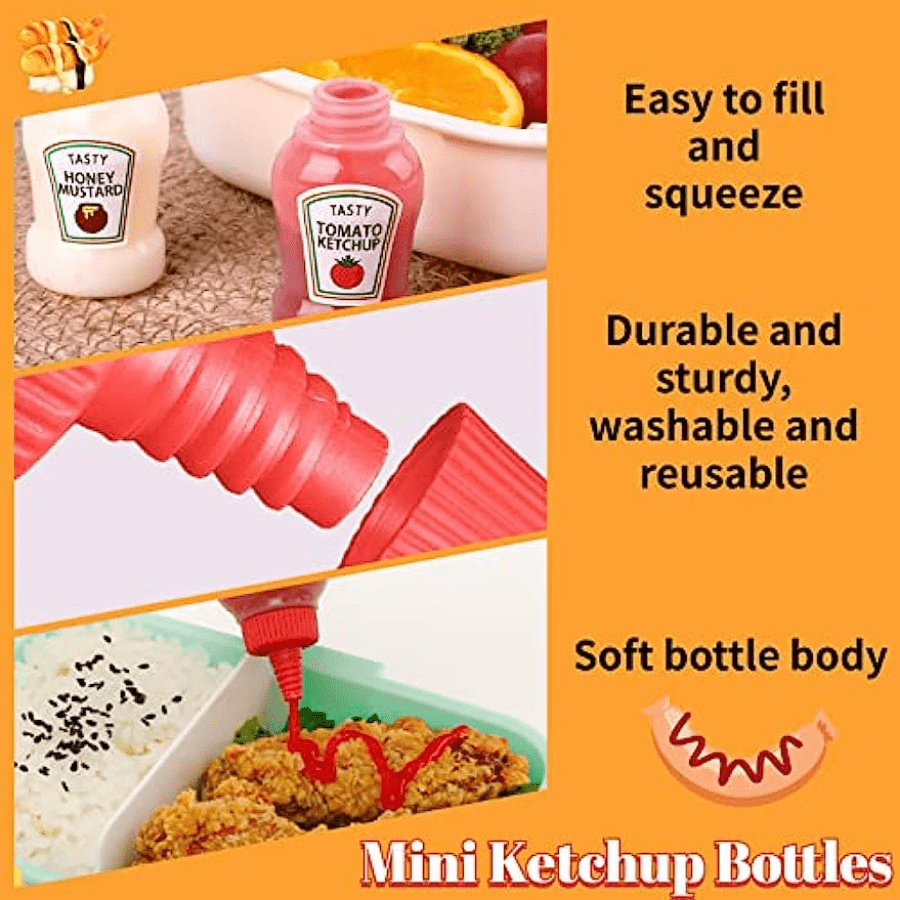 4 mini ketchup bottles, 25ml each, for condiments on the go. BPA-free, portable, and reusable.