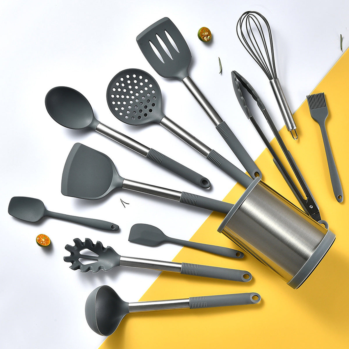 Set of 12 silicone cooking utensils with metal handles, designed for safety and non-stick cooking. Includes washable spatula set and other essential kitchen gadgets. Perfect for cookware and as gifts for Christmas or Halloween.