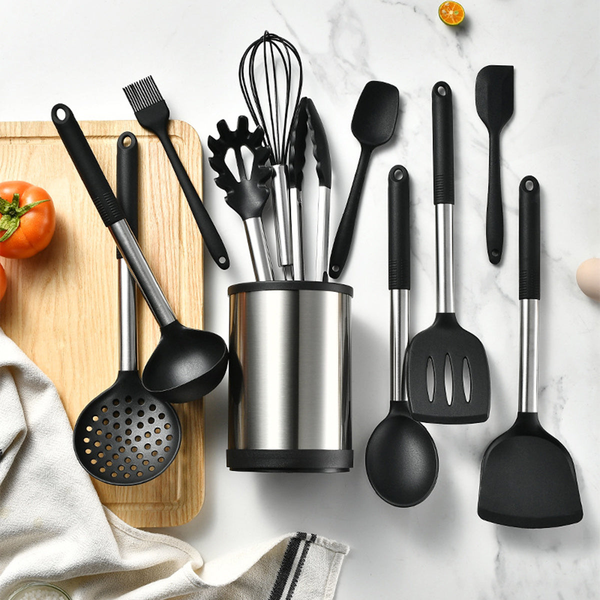 Set of 12 silicone cooking utensils with metal handles, designed for safety and non-stick cooking. Includes washable spatula set and other essential kitchen gadgets. Perfect for cookware and as gifts for Christmas or Halloween.