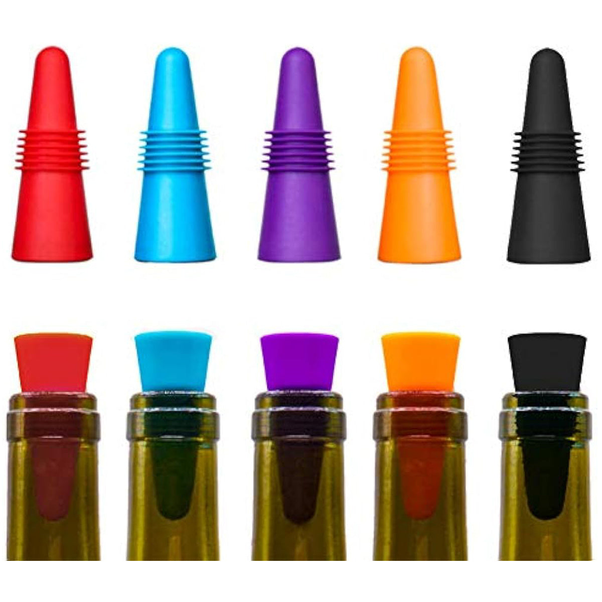 Set of 10 tapered silicone wine bottle stoppers in stainless steel. Available in Red, Blue, Orange, Purple, Black.