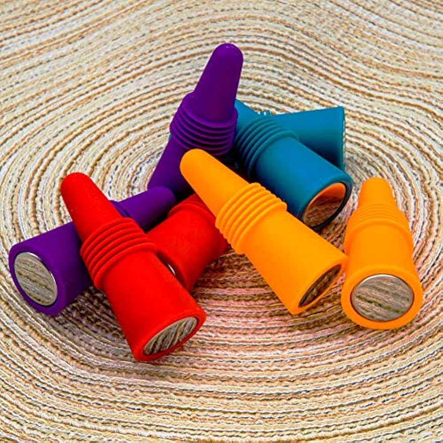 Set of 10 tapered silicone wine bottle stoppers in stainless steel. Available in Red, Blue, Orange, Purple, Black.