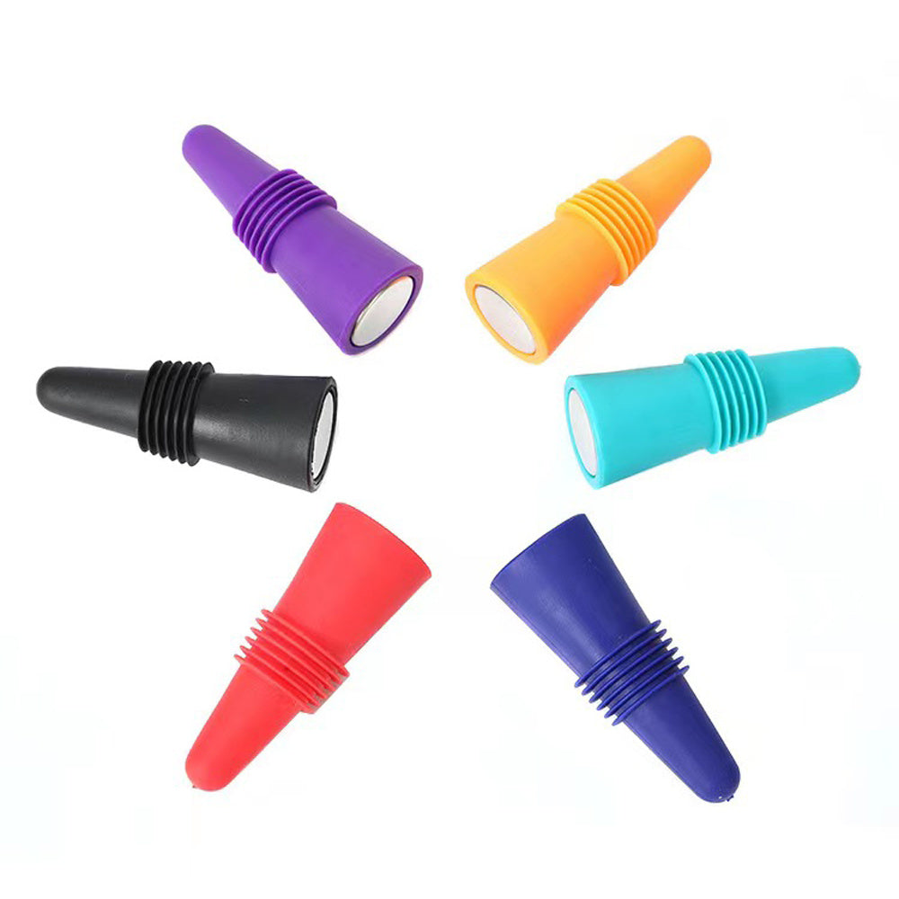 Set of 10 tapered silicone wine bottle stoppers in stainless steel. Available in Red, Blue, Orange, Purple, Black.