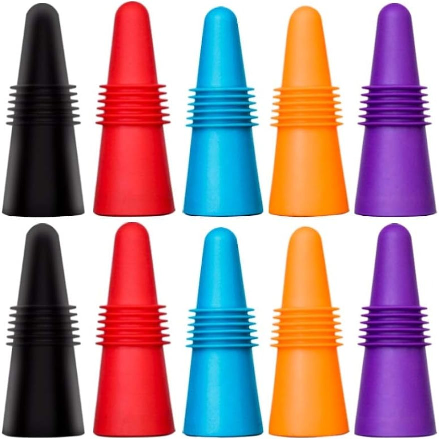 Set of 10 tapered silicone wine bottle stoppers in stainless steel. Available in Red, Blue, Orange, Purple, Black.