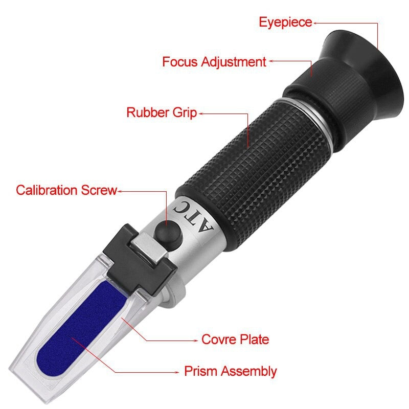 Handheld alcohol refractometer measures alcohol content and sugar concentration in wine, beer, and grapes up to 32% alcohol and Brix.