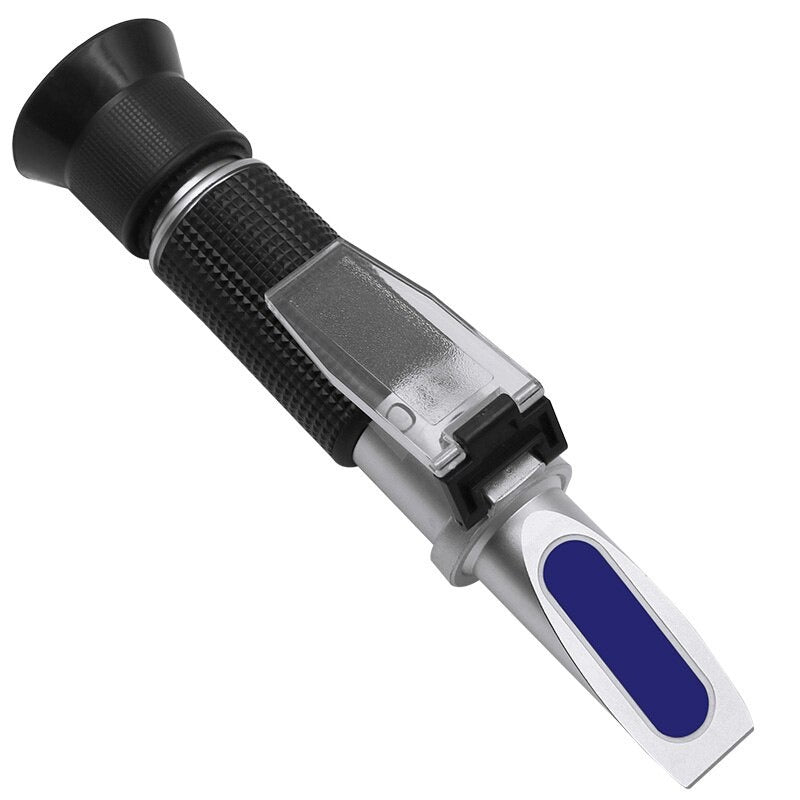 Handheld alcohol refractometer measures alcohol content and sugar concentration in wine, beer, and grapes up to 32% alcohol and Brix.