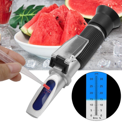 Handheld alcohol refractometer measures alcohol content and sugar concentration in wine, beer, and grapes up to 32% alcohol and Brix.