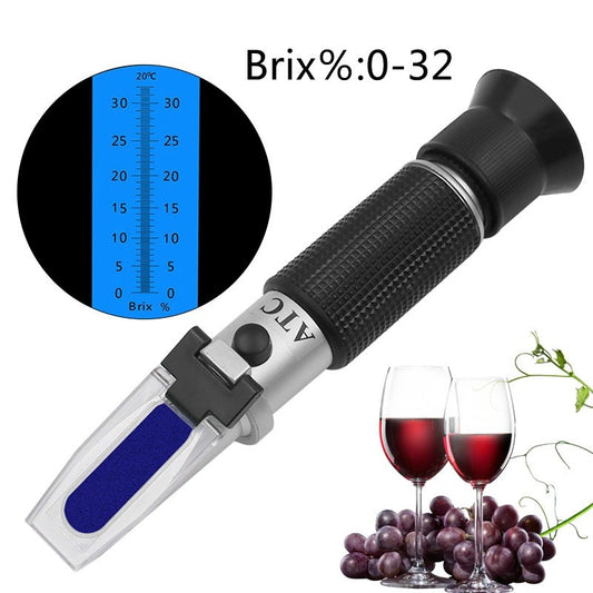 Handheld alcohol refractometer measures alcohol content and sugar concentration in wine, beer, and grapes up to 32% alcohol and Brix.