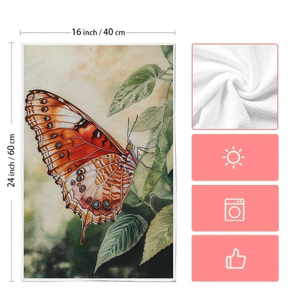 Two pieces of ultra soft kitchen towels featuring a vibrant butterfly design. These highly absorbent and machine washable dish hand towels are perfect for adding a contemporary coastal decor to your kitchen. Each towel measures 40.64x60.96 cm.