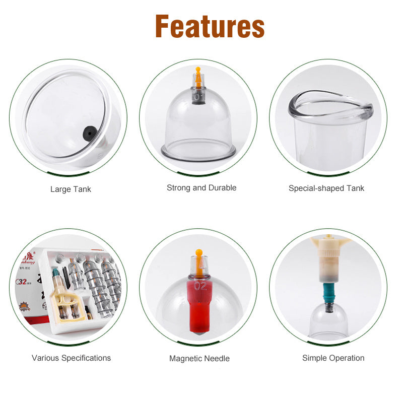 32 pieces of plastic vacuum cupping cups with pump for body massage and health care.