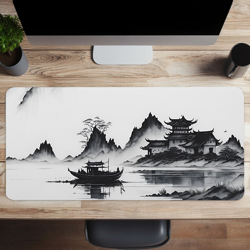 Large gaming mouse pad with landscape ink painting design, made of natural rubber with anti-slip feature. Perfect for office use.