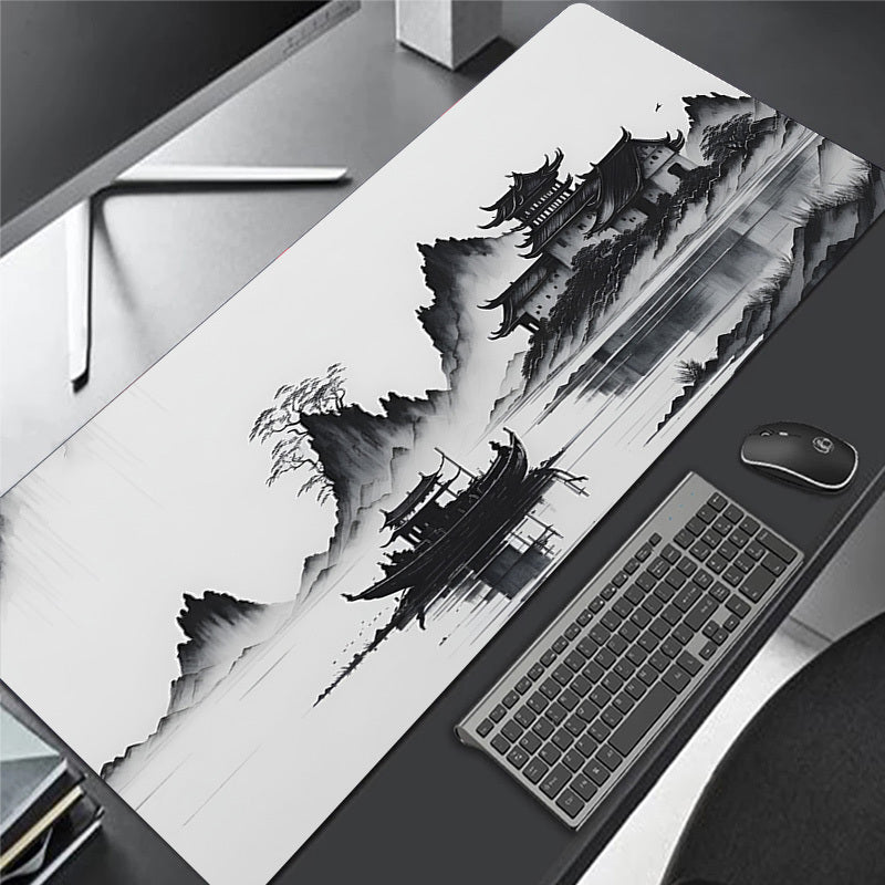 Large gaming mouse pad with landscape ink painting design, made of natural rubber with anti-slip feature. Perfect for office use.