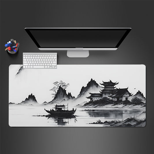 Large gaming mouse pad with landscape ink painting design, made of natural rubber with anti-slip feature. Perfect for office use.