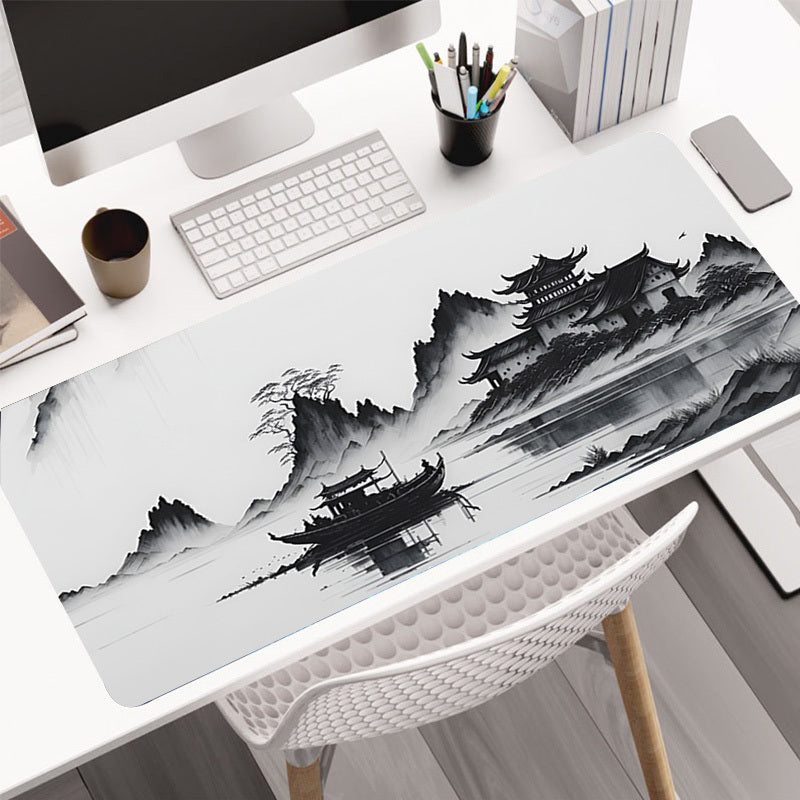 Large gaming mouse pad with landscape ink painting design, made of natural rubber with anti-slip feature. Perfect for office use.