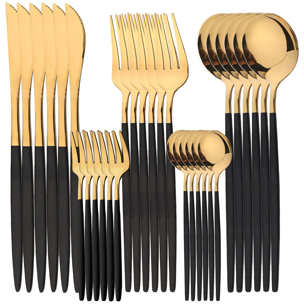 30-piece stainless steel cutlery set with elegant golden and black design. Durable and dishwasher safe, suitable for everyday use.