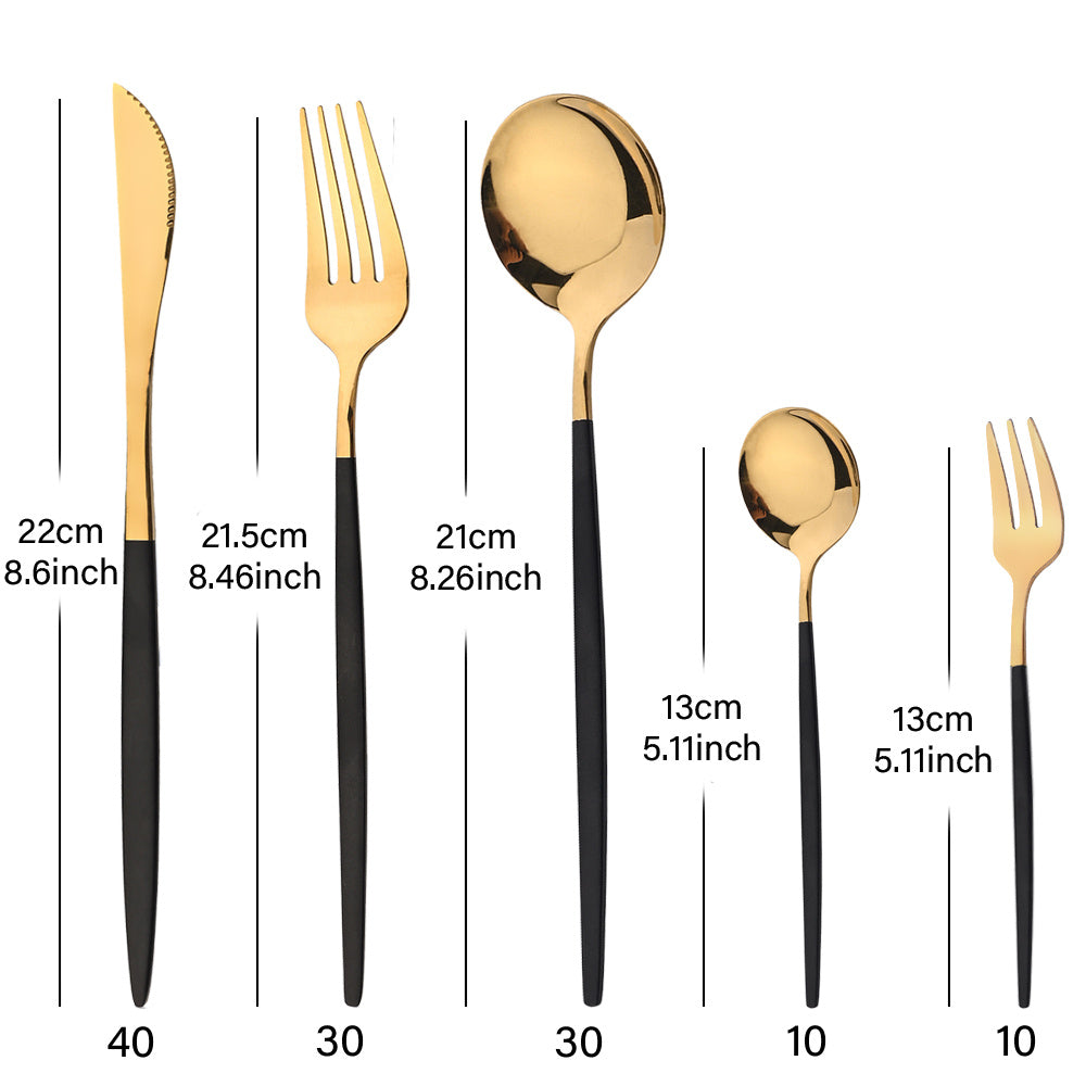 30-piece stainless steel cutlery set with elegant golden and black design. Durable and dishwasher safe, suitable for everyday use.