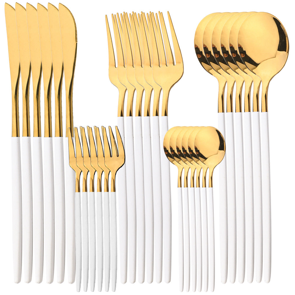 30-piece stainless steel cutlery set with elegant golden and black design. Durable and dishwasher safe, suitable for everyday use.