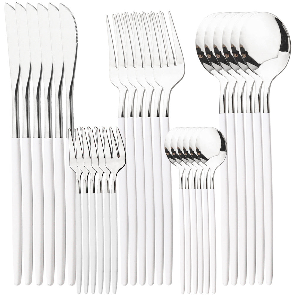 30-piece stainless steel cutlery set with elegant golden and black design. Durable and dishwasher safe, suitable for everyday use.