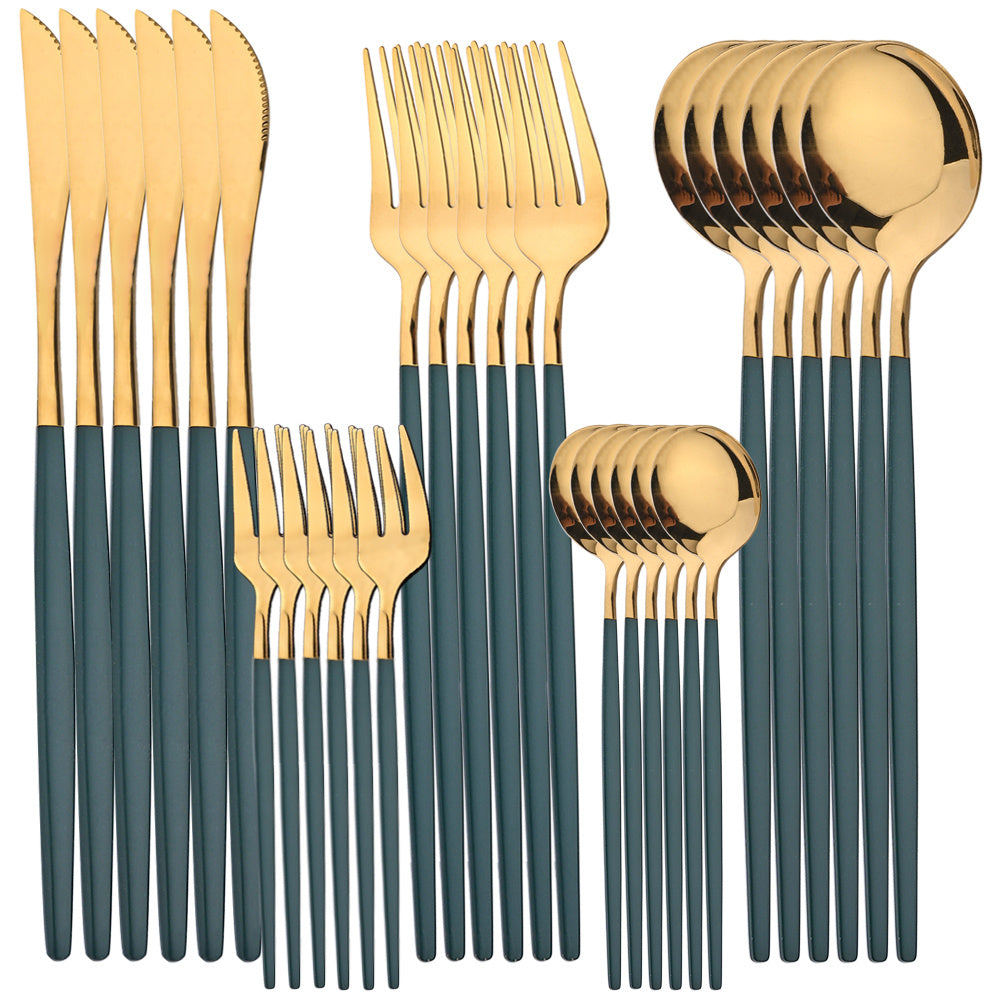 30-piece stainless steel cutlery set with elegant golden and black design. Durable and dishwasher safe, suitable for everyday use.