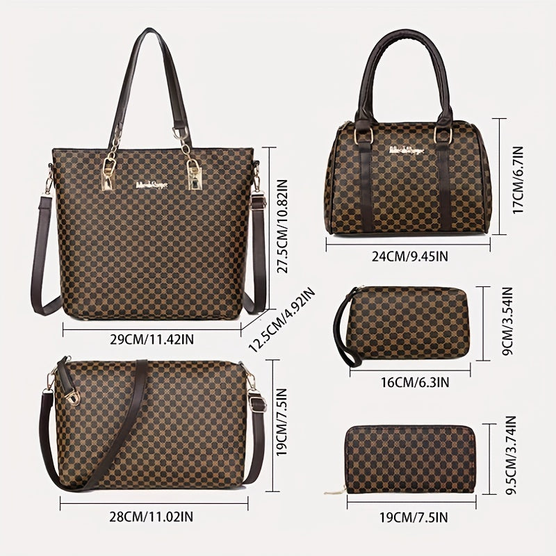 6-piece set of textured synthetic leather bags, including tote, Boston bag, clutch purse. Casual commuter shoulder bag.