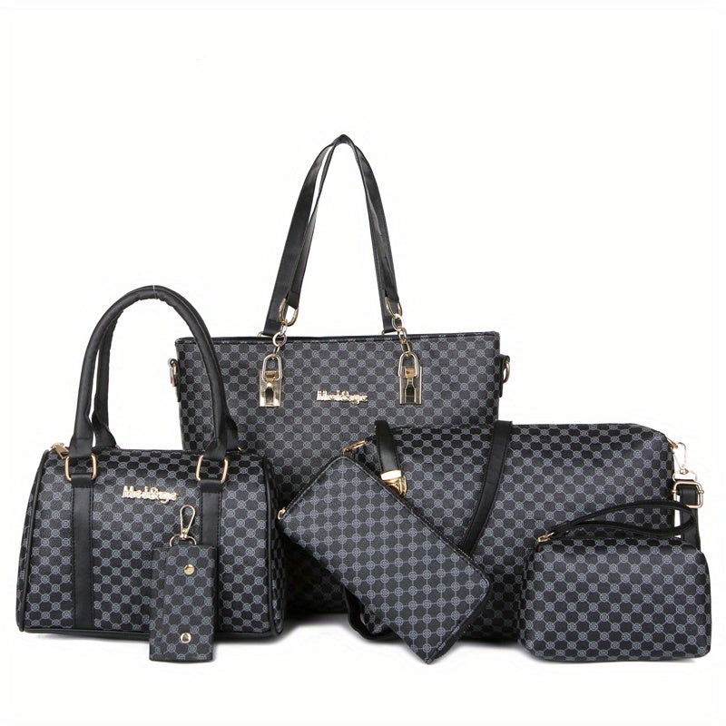 6-piece set of textured synthetic leather bags, including tote, Boston bag, clutch purse. Casual commuter shoulder bag.