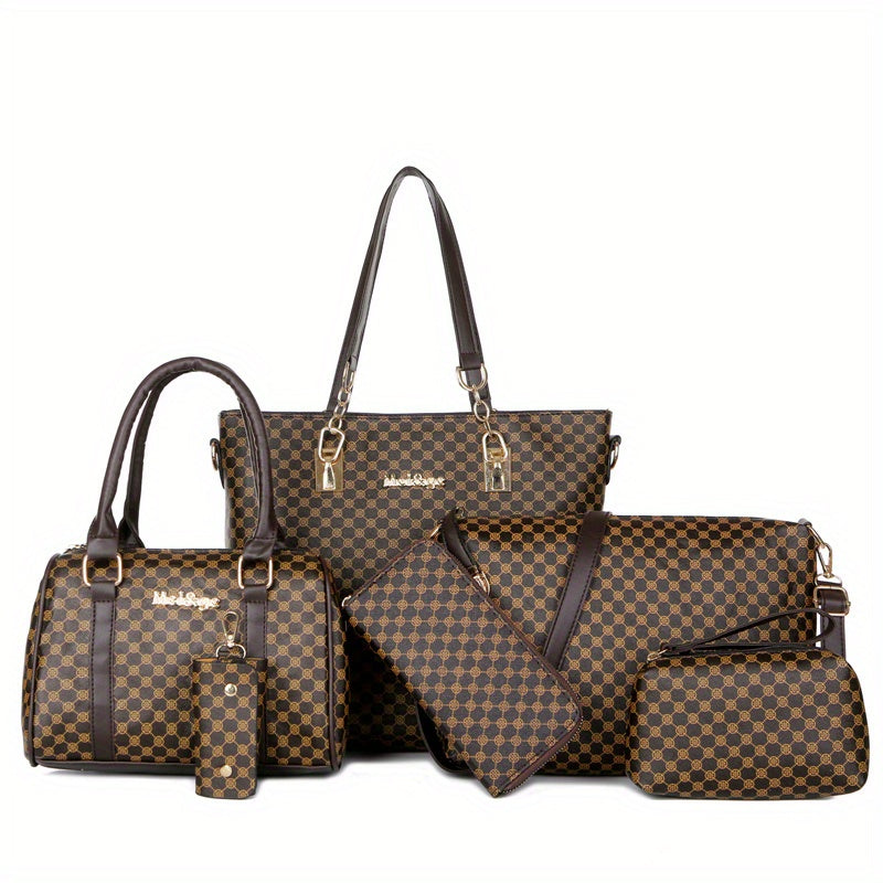 6-piece set of textured synthetic leather bags, including tote, Boston bag, clutch purse. Casual commuter shoulder bag.