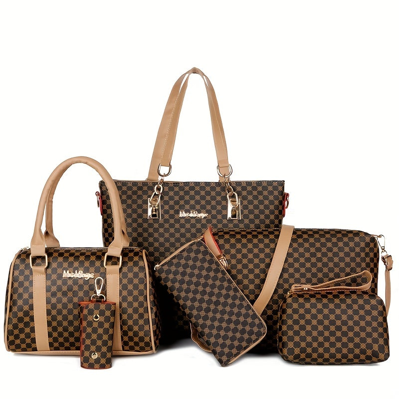 6-piece set of textured synthetic leather bags, including tote, Boston bag, clutch purse. Casual commuter shoulder bag.