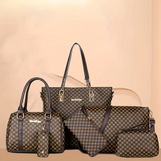 6-piece set of textured synthetic leather bags, including tote, Boston bag, clutch purse. Casual commuter shoulder bag.