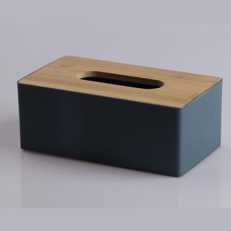 Rectangular black and wooden tissue box holder with durable plastic dispenser and bamboo cover for home and hotel decor. Dimensions: 21.49x11.99x8.48 cm. Perfect for kitchen organization.