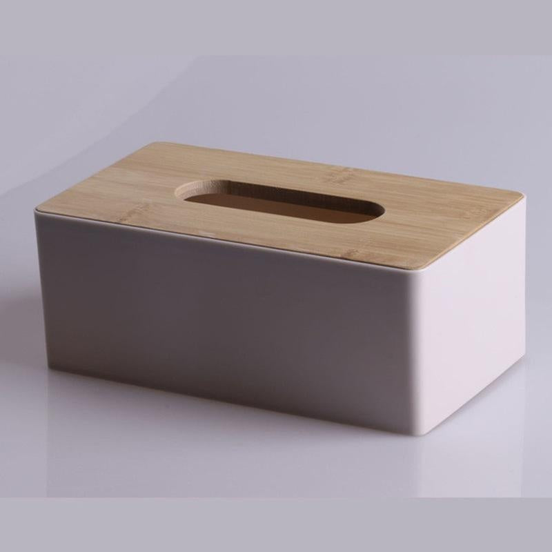 Rectangular black and wooden tissue box holder with durable plastic dispenser and bamboo cover for home and hotel decor. Dimensions: 21.49x11.99x8.48 cm. Perfect for kitchen organization.