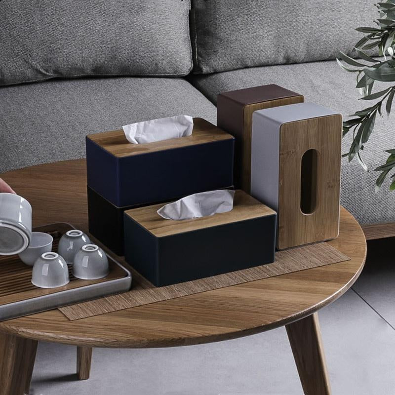 Rectangular black and wooden tissue box holder with durable plastic dispenser and bamboo cover for home and hotel decor. Dimensions: 21.49x11.99x8.48 cm. Perfect for kitchen organization.