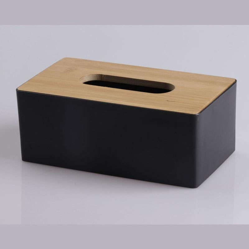 Rectangular black and wooden tissue box holder with durable plastic dispenser and bamboo cover for home and hotel decor. Dimensions: 21.49x11.99x8.48 cm. Perfect for kitchen organization.