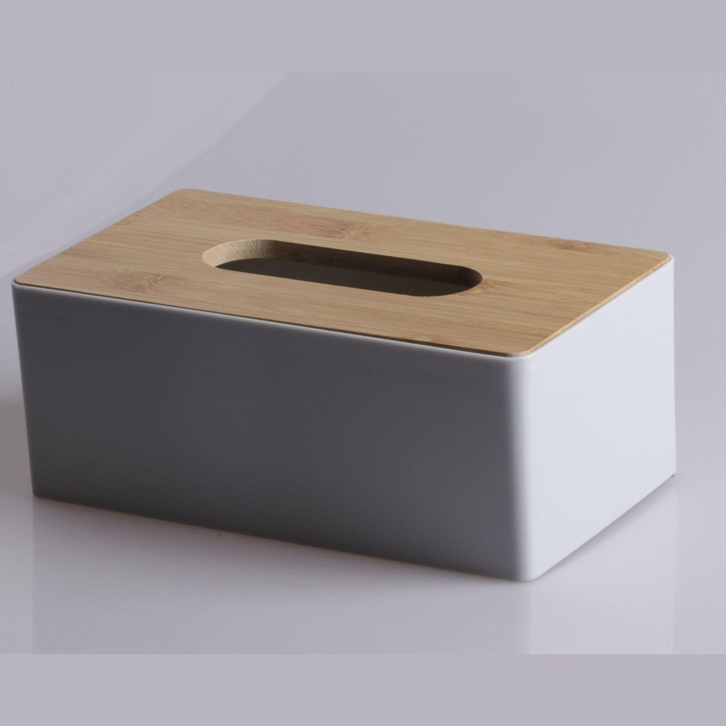 Rectangular black and wooden tissue box holder with durable plastic dispenser and bamboo cover for home and hotel decor. Dimensions: 21.49x11.99x8.48 cm. Perfect for kitchen organization.