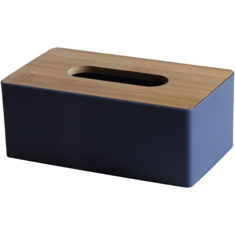 Rectangular black and wooden tissue box holder with durable plastic dispenser and bamboo cover for home and hotel decor. Dimensions: 21.49x11.99x8.48 cm. Perfect for kitchen organization.