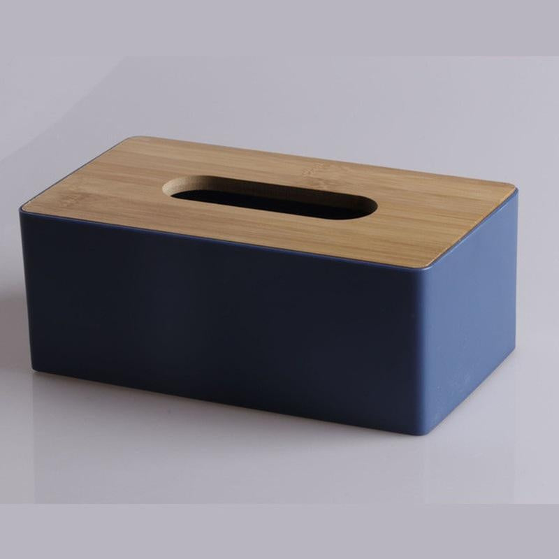 Rectangular black and wooden tissue box holder with durable plastic dispenser and bamboo cover for home and hotel decor. Dimensions: 21.49x11.99x8.48 cm. Perfect for kitchen organization.