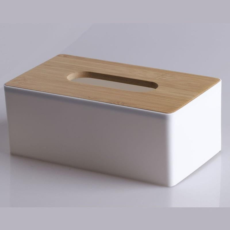 Rectangular black and wooden tissue box holder with durable plastic dispenser and bamboo cover for home and hotel decor. Dimensions: 21.49x11.99x8.48 cm. Perfect for kitchen organization.